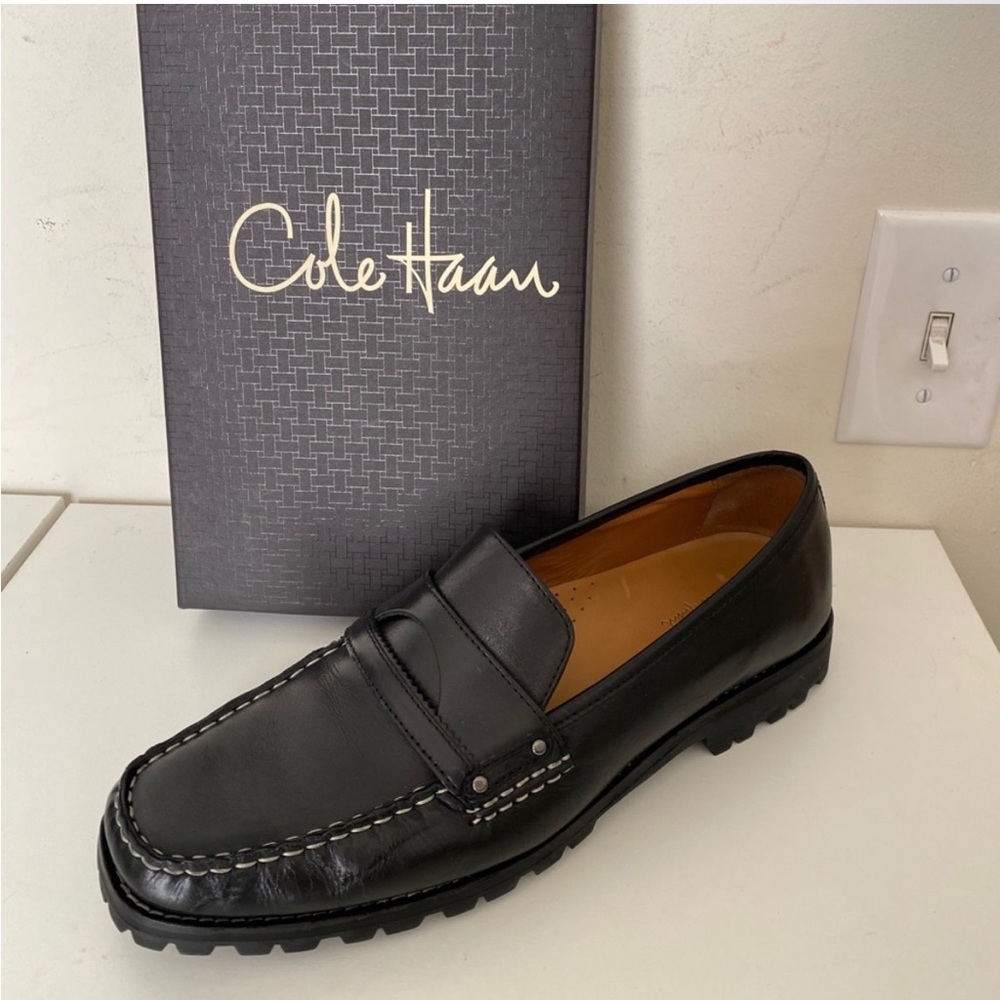 Cole Haan Black Leather Lug Sole Square Toe Loafer